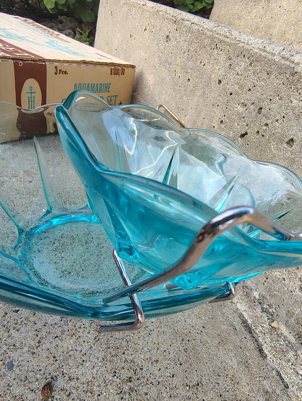 Vintage Anchor Hocking Swedish Modern Aquamarine Chip Dip Set B1000/80 MCM Box
